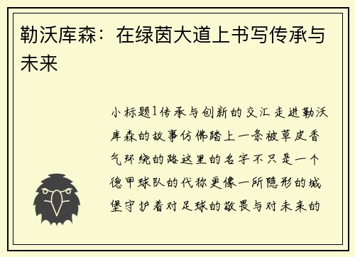 勒沃库森:在绿茵大道上书写传承与未来